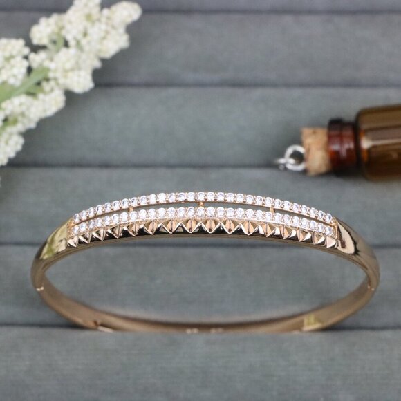 Rose Gold Bangle with Dual CZ Rows and Stud Detail, XPBL0539 - Picture 1 of 12